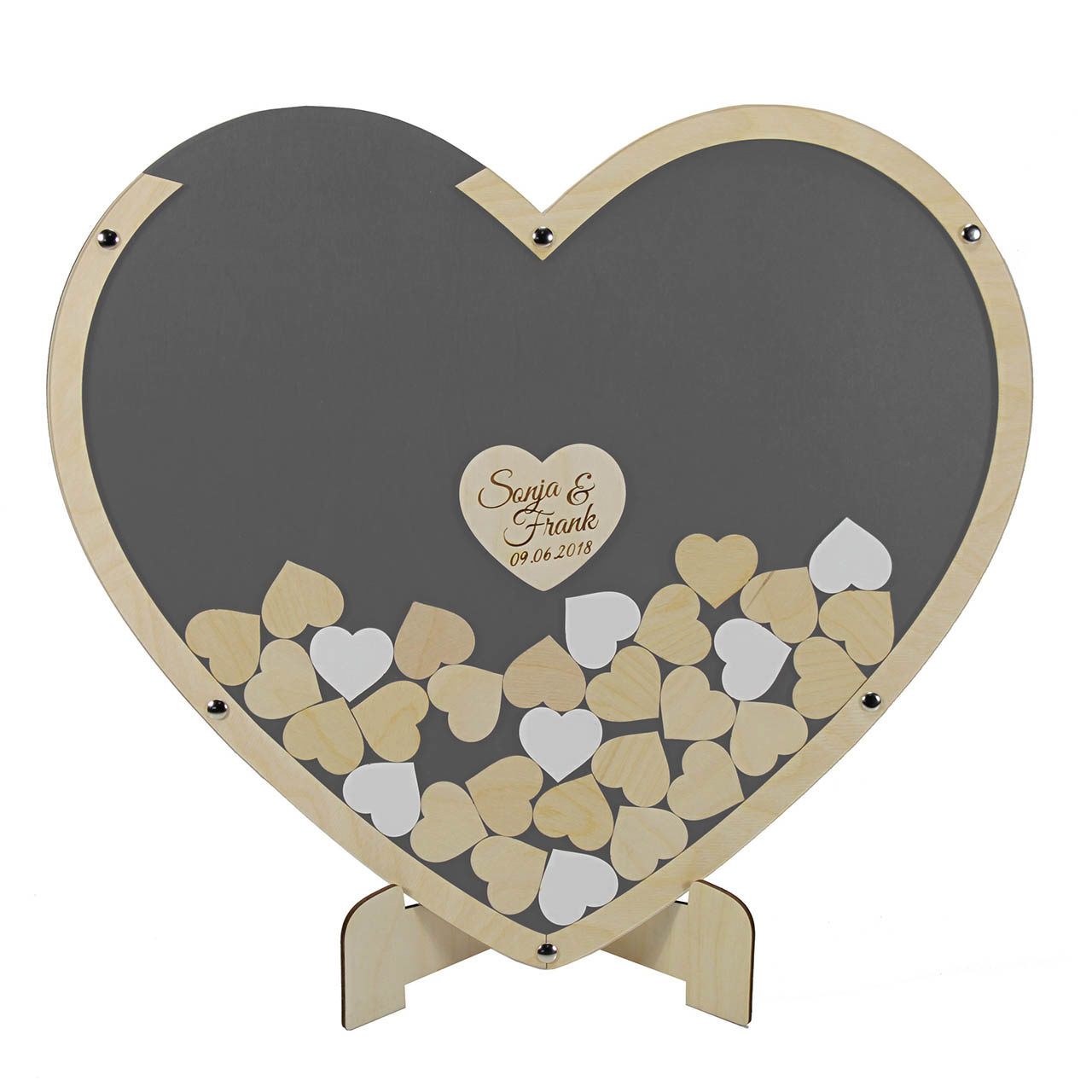 Hintergrund Herz Anthrazit Wunschgravur Manschin Laserdesign Gästebuch aus Holz und Acrylglas zur Hochzeit Wunschfarbe inkl personalisiert Herzen