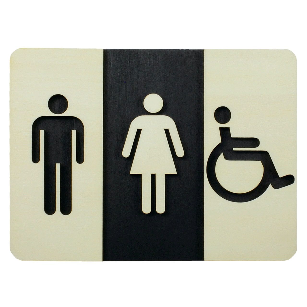 Holz Türschild (Schwarz/Weiß) “Mann, Frau und Behinderten-WC”