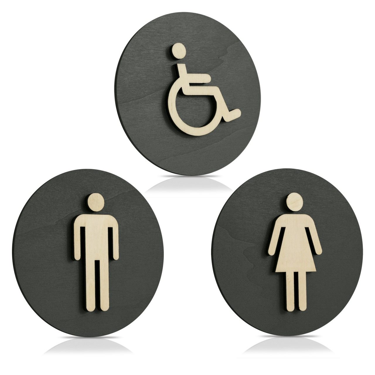 Holz Türschilder (anthrazit) "Mann, Frau und Behinderten-WC"