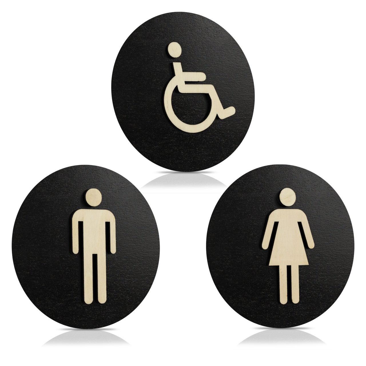 Holz Türschilder (Schwarz) "Mann, Frau und Behinderten-WC"