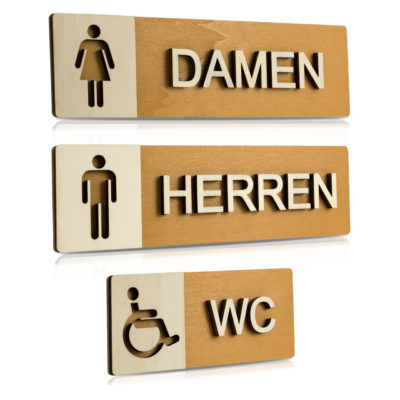 Holz-Türschilder (Nussbaum hell) "Damen, Herren und Behinderten-WC"