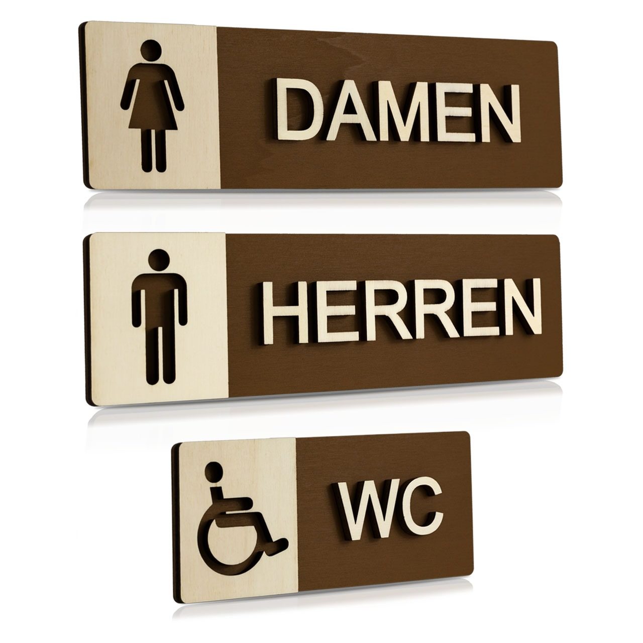 Holz-Türschilder (Schokobraun) "Damen, Herren und Behinderten-WC"