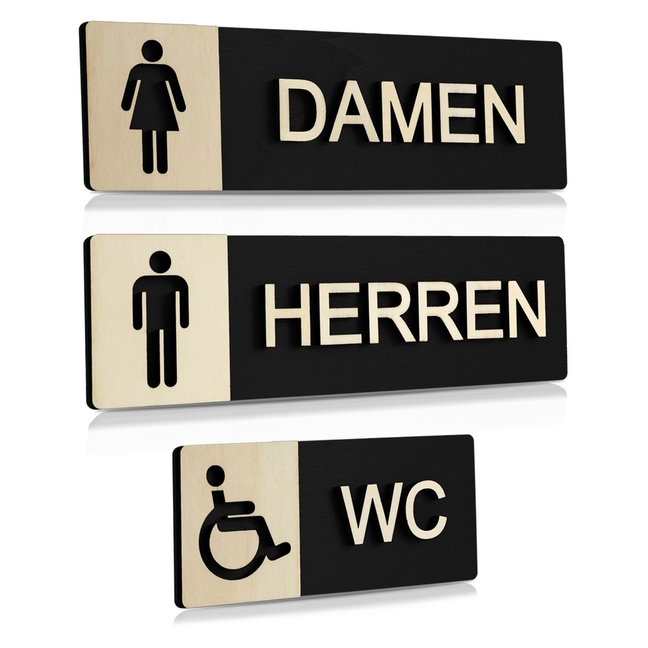 Holz-Türschilder (Schwarz) "Damen, Herren und Behinderten-WC"