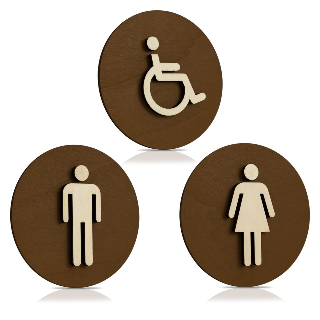 Holz Türschilder (schokobraun) "Mann, Frau und Behinderten-WC"