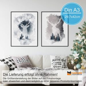 2er Poster Set Wandbilder _ Din A3 _ Weihnachtsdekoration Hirsch Bilder Dekoration Aquarell Waldtiere skandinavisch-1