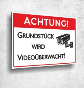 Aluverbund Schild Achtung Grundstück wird Videoüberwacht UV Druck 20 x 30cm - 3mm Aluverbund - Made in Germany - Art.Nr. 1026
