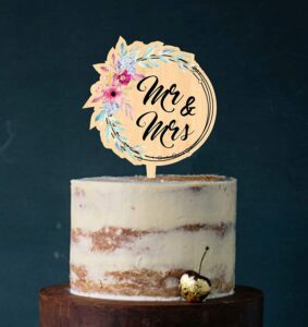 Manschin-Laserdesign Cake Topper Mr & Mrs Acrylglas Acryl und Holz mit UV Druck, Tortenstecker, Tortenfigur, Tortentopper, Hochzeit, Hochzeitstorte (Holz)