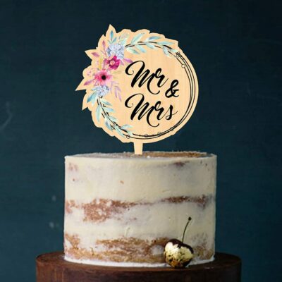 Manschin-Laserdesign Cake Topper Mr & Mrs Acrylglas Acryl und Holz mit UV Druck, Tortenstecker, Tortenfigur, Tortentopper, Hochzeit, Hochzeitstorte (Holz)