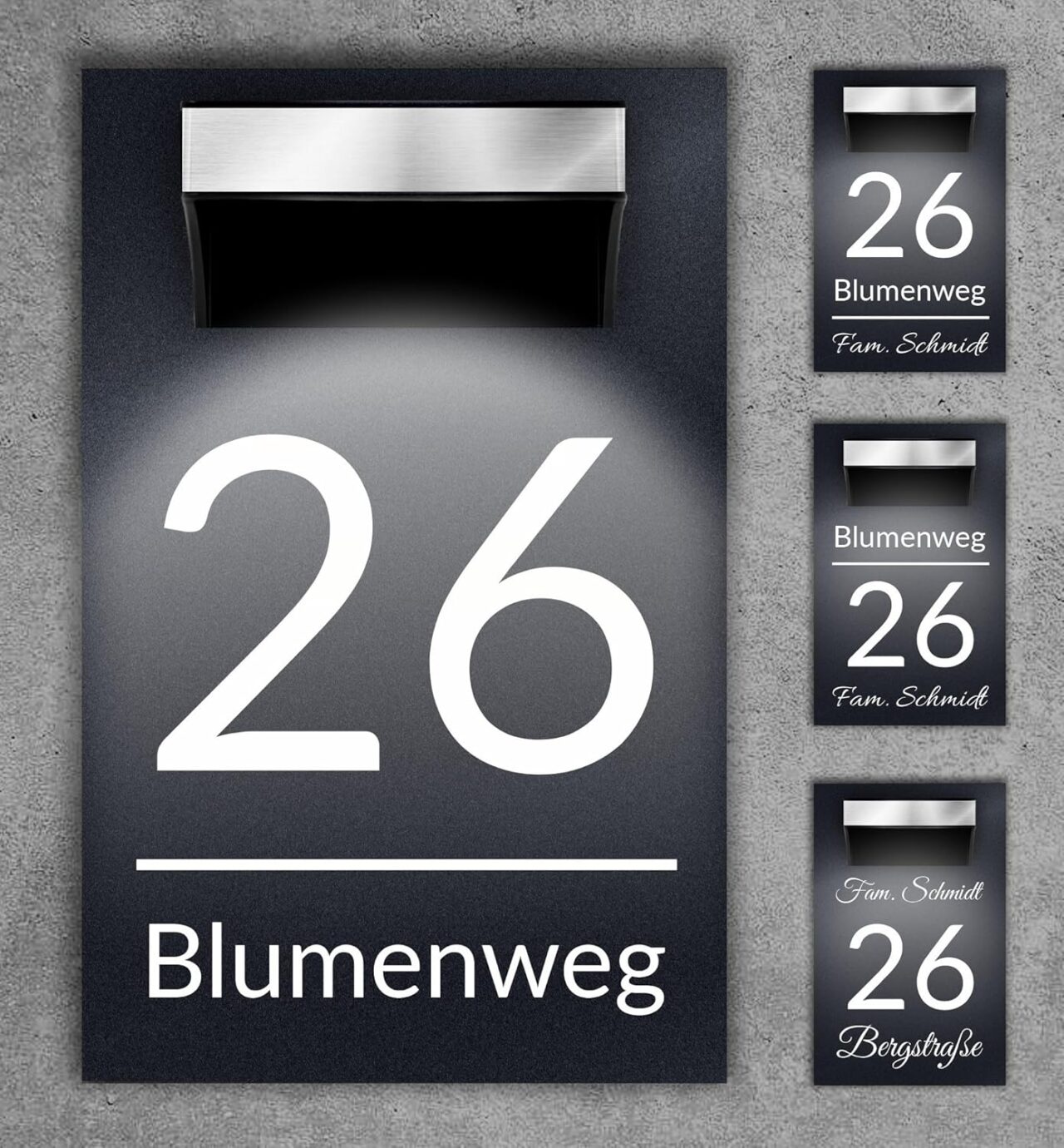 Premium Hausnummer beleuchtet mit LED Solar - RGB - inkl. 11 Farben | individuell anpassbar | Acrylglas Anthrazit Matt | Wetterfest H1027 - Anthrazit