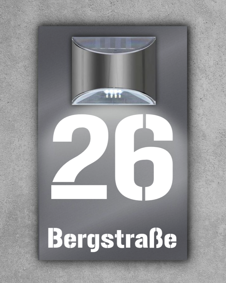 Premium Hausnummer beleuchtet mit LED Solar | individuell anpassbar | Acrylglas Anthrazit Matt | 3D Effekt | Wetterfest H1023 Grau