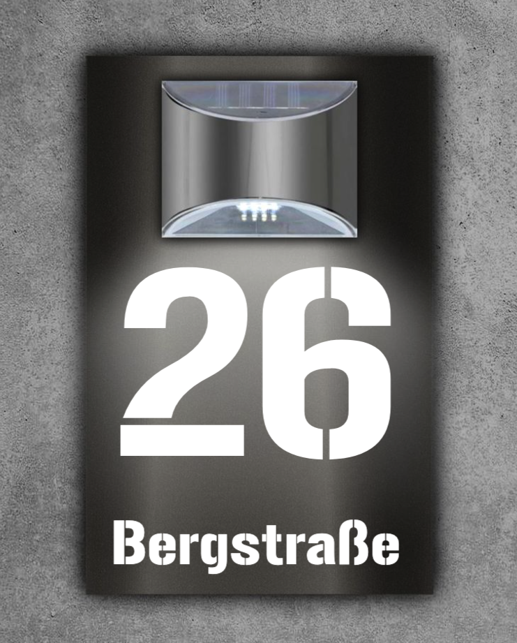 Premium Hausnummer beleuchtet mit LED Solar | individuell anpassbar | Acrylglas Schwarz Matt | 3D Effekt | Wetterfest H1023