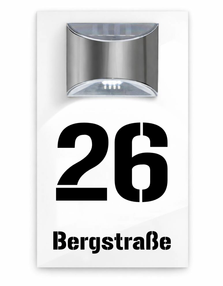 Premium Hausnummer beleuchtet mit LED Solar | individuell anpassbar | Acrylglas Weiß Matt | 3D Effekt | Wetterfest H1023