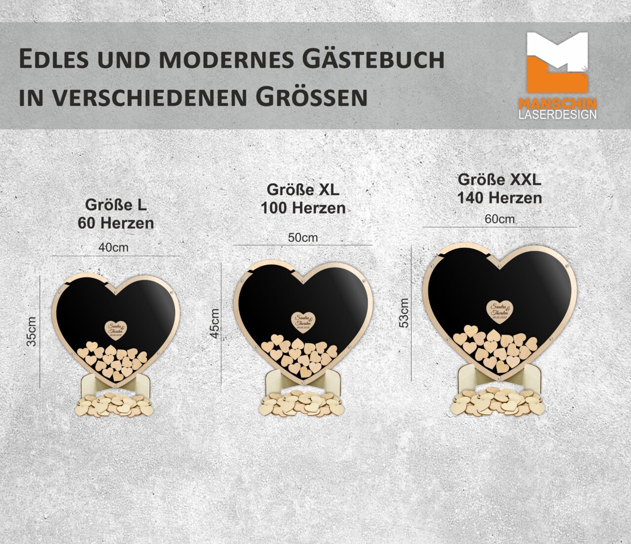 Gästebuch aus Holz und Acrylglas zur Hochzeit, personalisiert, Wunschgravur, Wunschfarbe inkl. Herzen